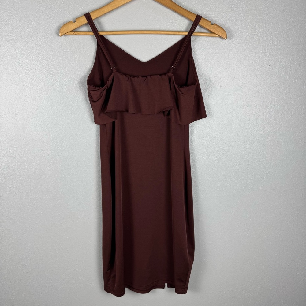 Women’s S Burgundy Bodycon Mini Dress Slit Flounce‎ Overlay At Bust Sleeveless - Picture 5 of 16